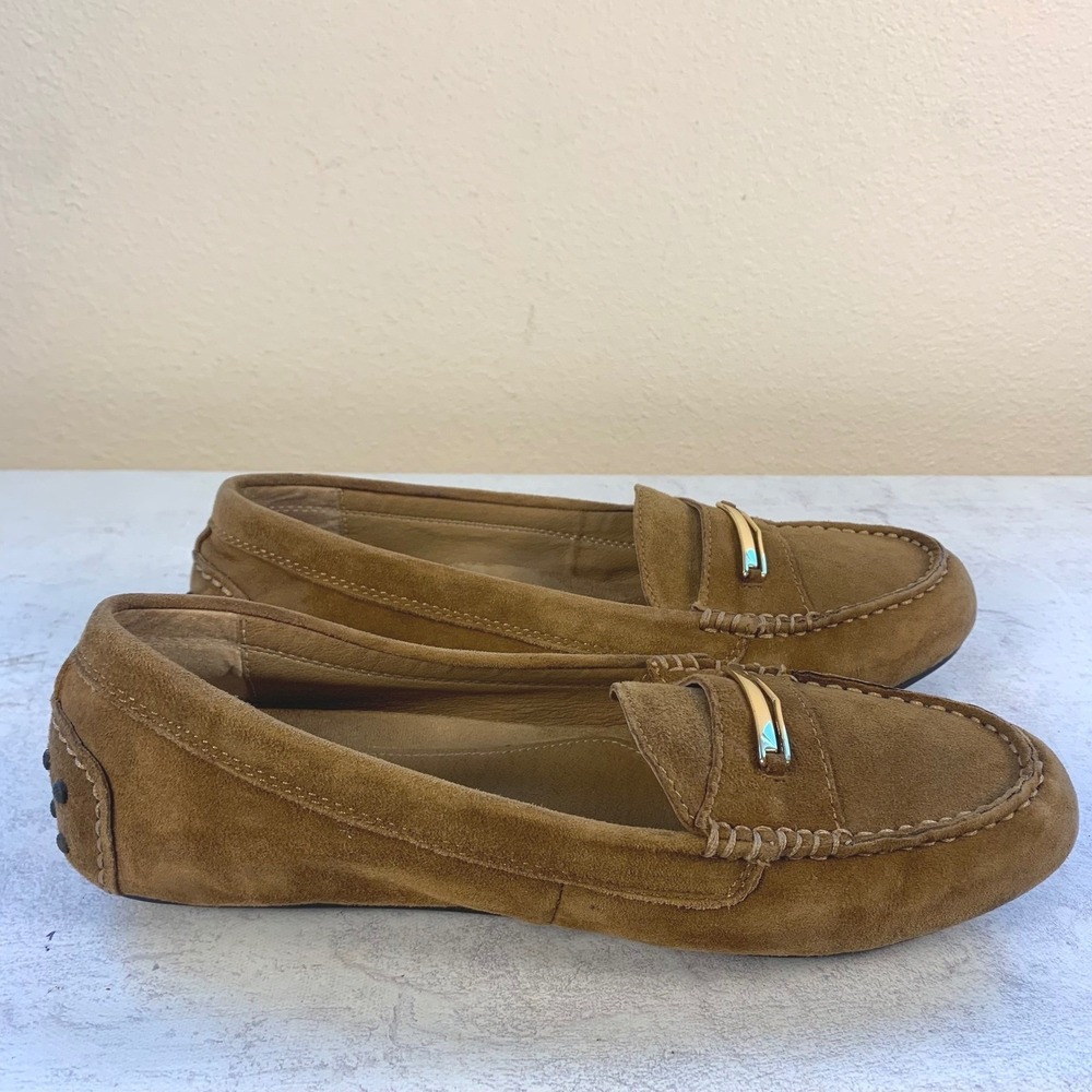 Vionic Ashby 10 Women's Loafers Tan Brown Suede Gold Bar Driving Moccasins - Picture 3 of 14